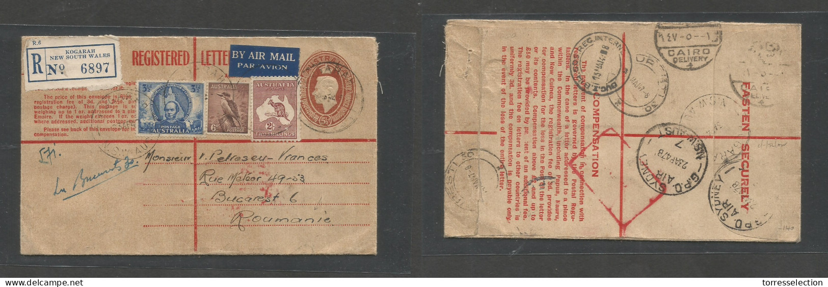 AUSTRALIA. 1947 (23 Apr) NSW Kogarah - Romania, Bucarest (15 May) Registered Multifkd 5 1/2d Stat Env Incl Biels + Roos, - Other & Unclassified