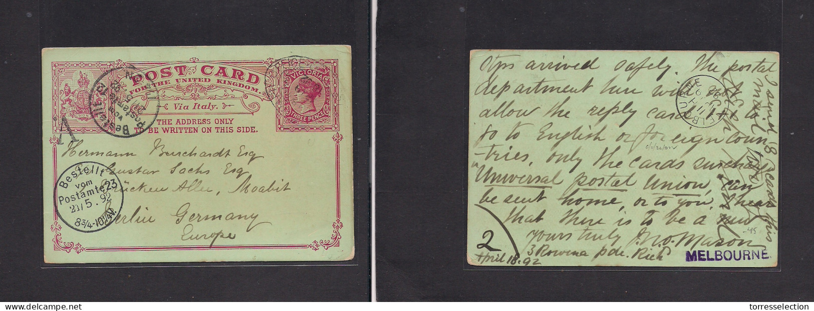 AUSTRALIA. 1892 (18 Apr) Victoria, Melbourne - Germany, Berlin (21 May) 3d Illustrated QV Stat Card "V" Cachet. Fine Use - Other & Unclassified