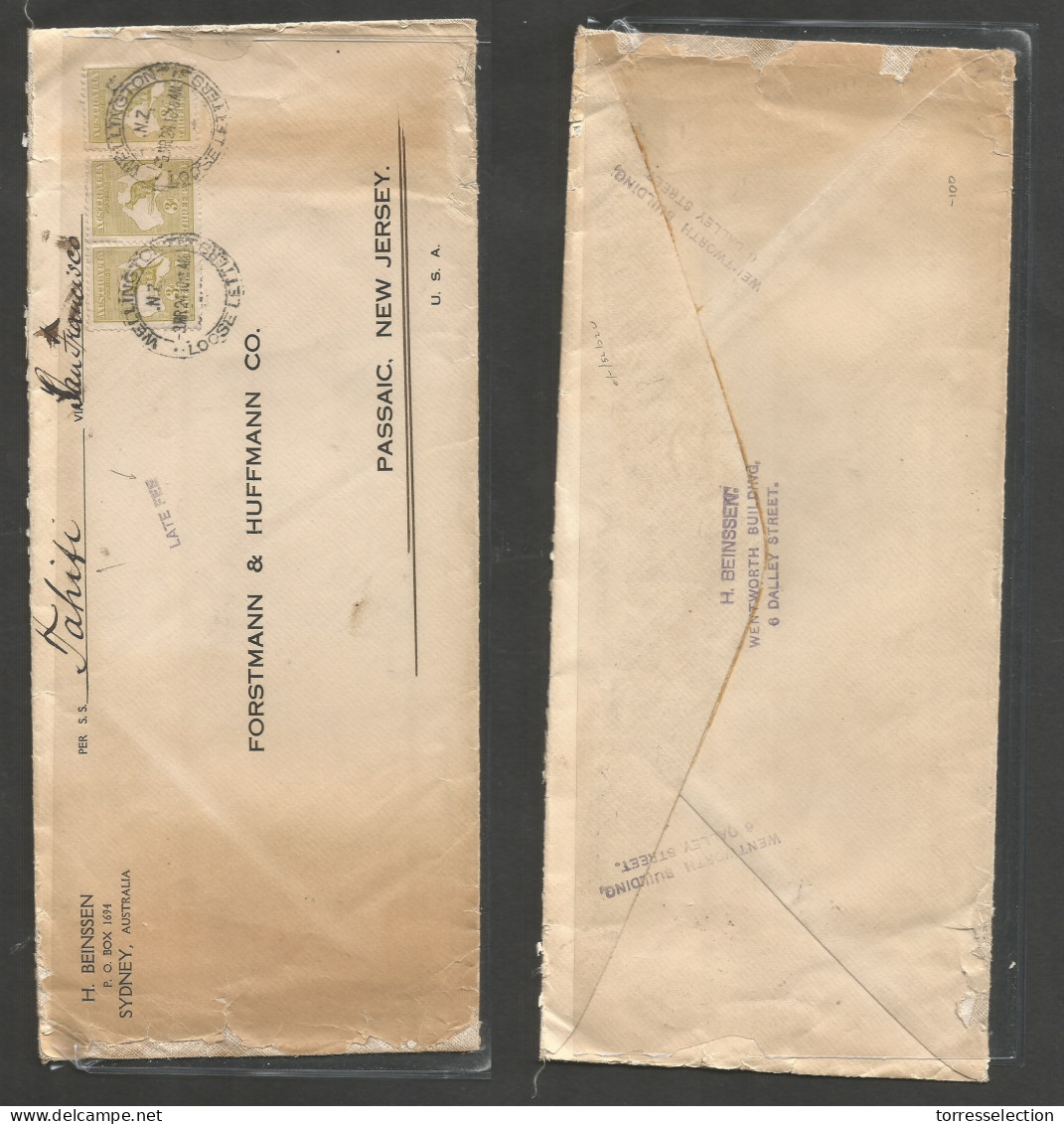 AUSTRALIA. 1924 (3 March) Wellington - USA, Passaic, NJ. Loose Letters. Per "Tahiti Via SFO" + "LATE FEE" Cachet. End Ro - Other & Unclassified