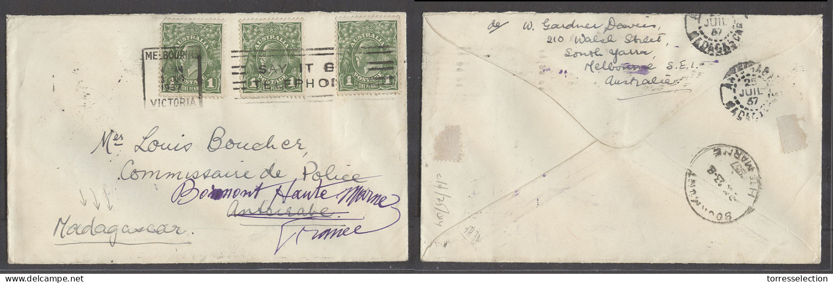 AUSTRALIA. 1937 (3 June). Melbourne, Via - Madagascar (25 July). Multifkd Env 3d Rate Slogan Cancel Arrival Dest Cds. Ra - Altri & Non Classificati