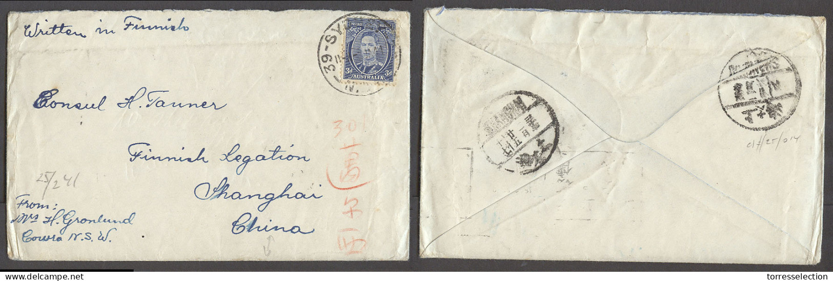 AUSTRALIA. 1941 (2 Jan). Cowra, NSW, Sydney - China, Shanghai (25 Feb 41). With Arrival Cds. Japanese Occup. Fkd Env Wit - Altri & Non Classificati