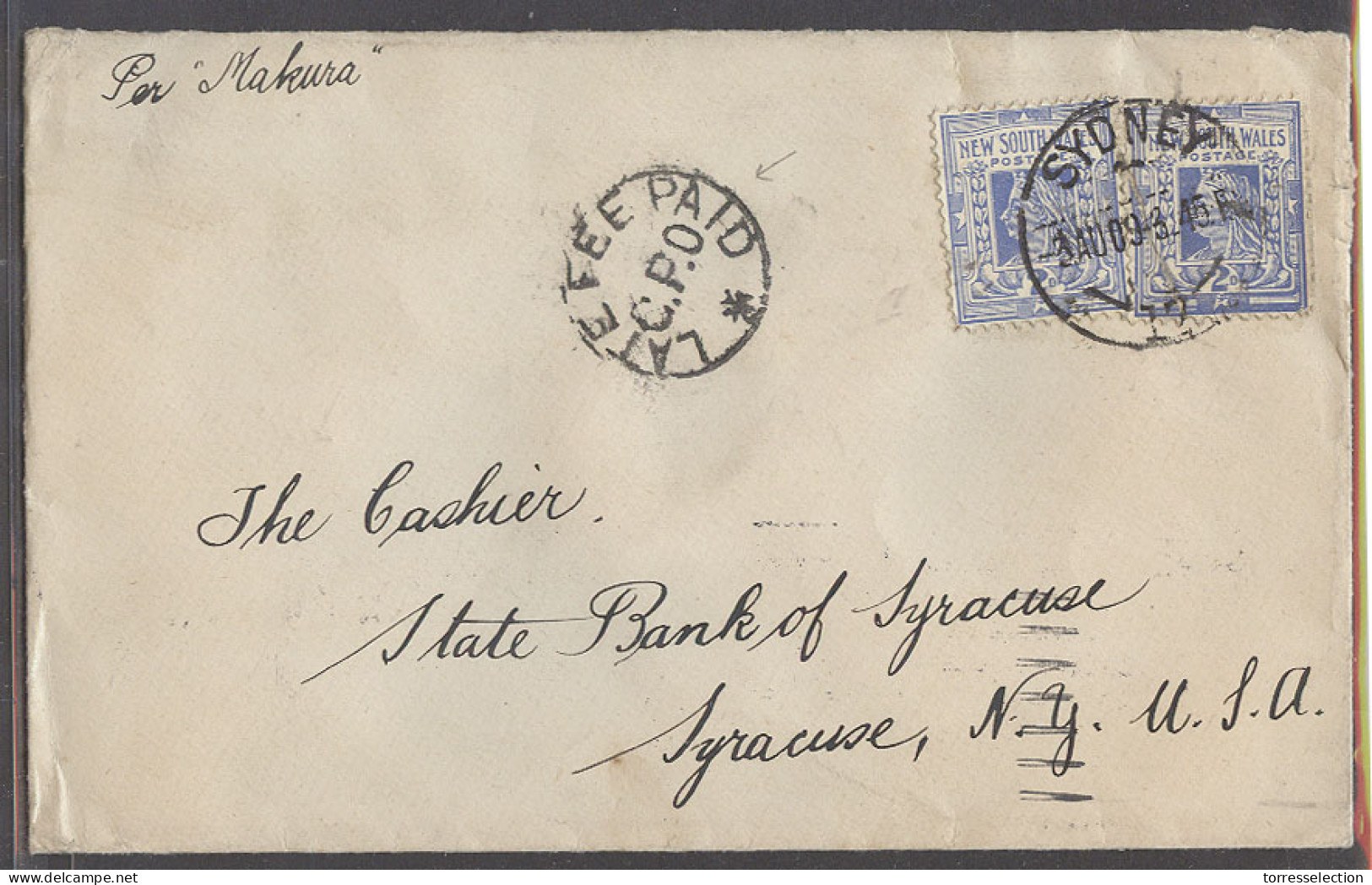 AUSTRALIA. 1909 (3 Aug). Sydney, NSW - USA, Syacuse, NY (28-29 Aug 09). Per Makure. Fkd Env 2d X2 Late Fee Paid GPO (xxx - Altri & Non Classificati