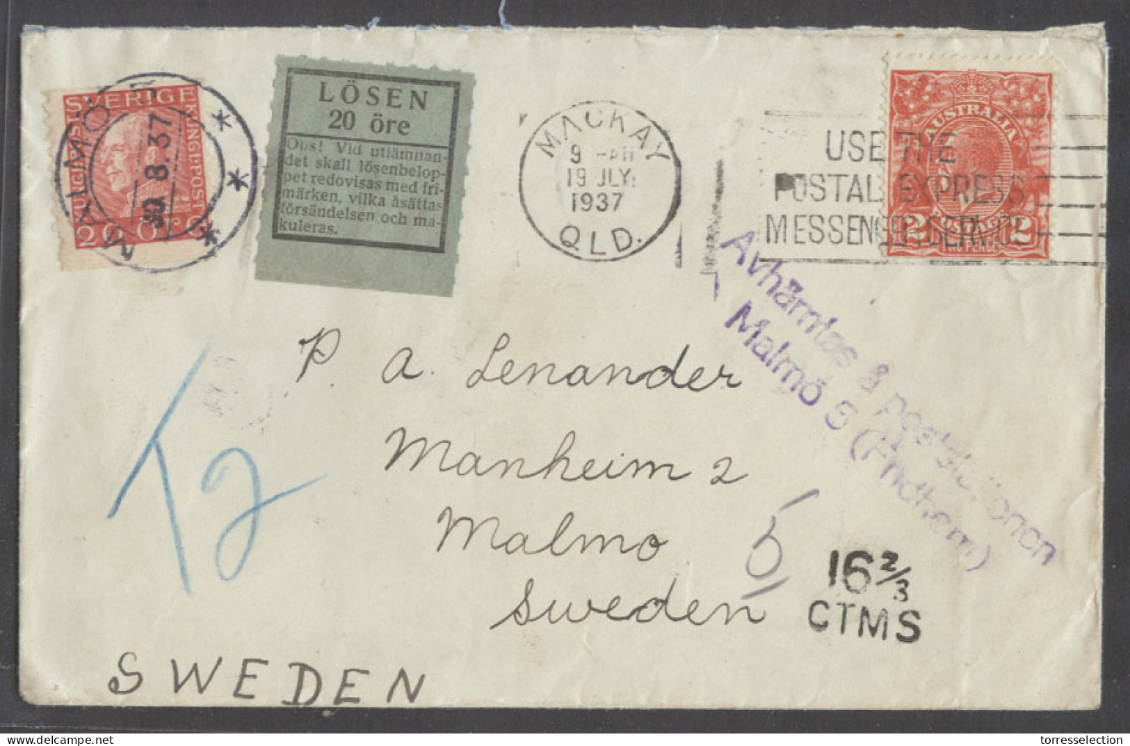 AUSTRALIA. 1937 (19July). Mackay, QLD - Sweden, Malmo (30 Aug). Fkd  Env Insuf Taxed Slogan Cancel Aux Marks Label Swedi - Altri & Non Classificati