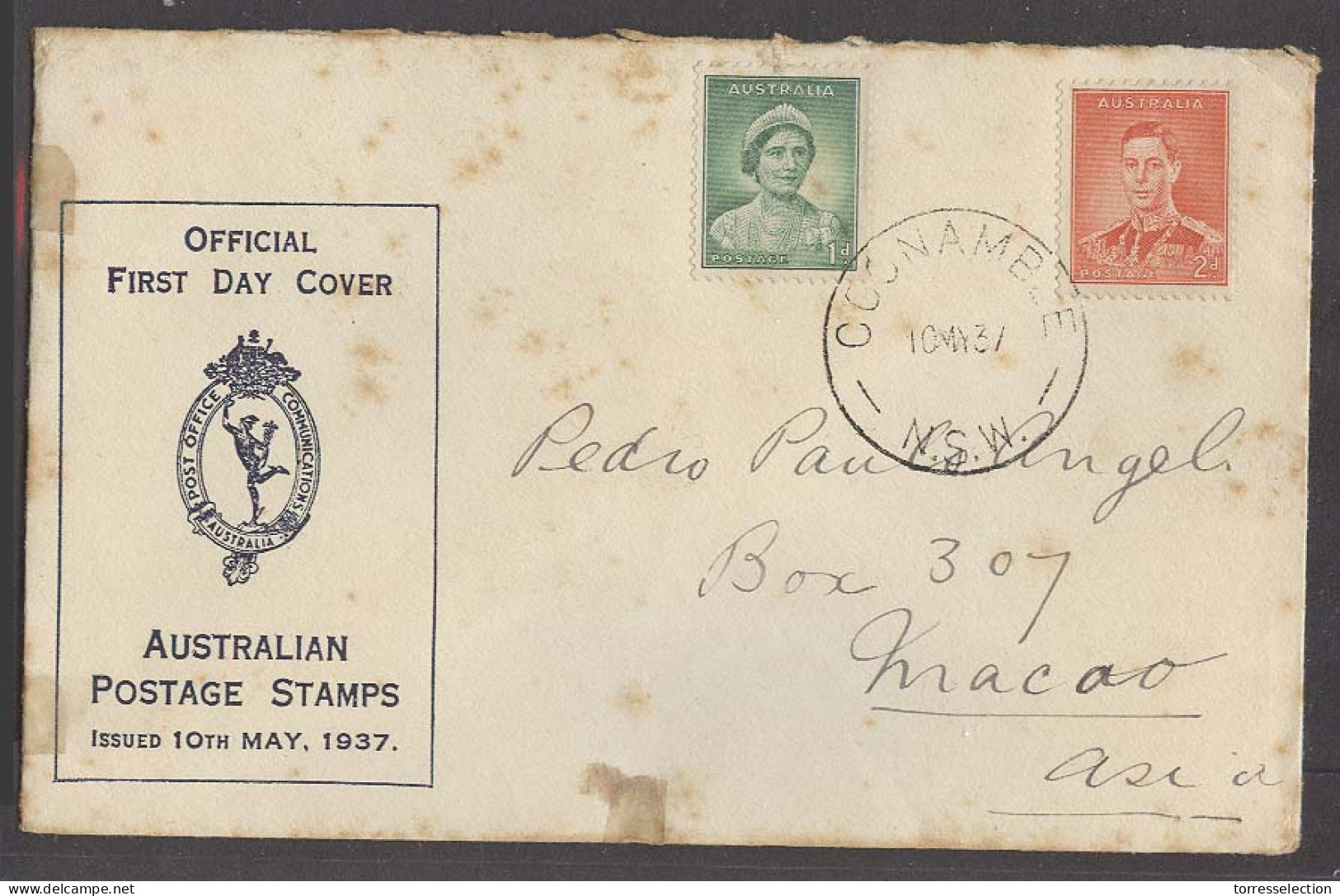 AUSTRALIA. 1937 (10 May). Coonamble / NSW - MAcao, Asia (2 June). FDC Circculated To Rare Dest. Unusual So. - Altri & Non Classificati