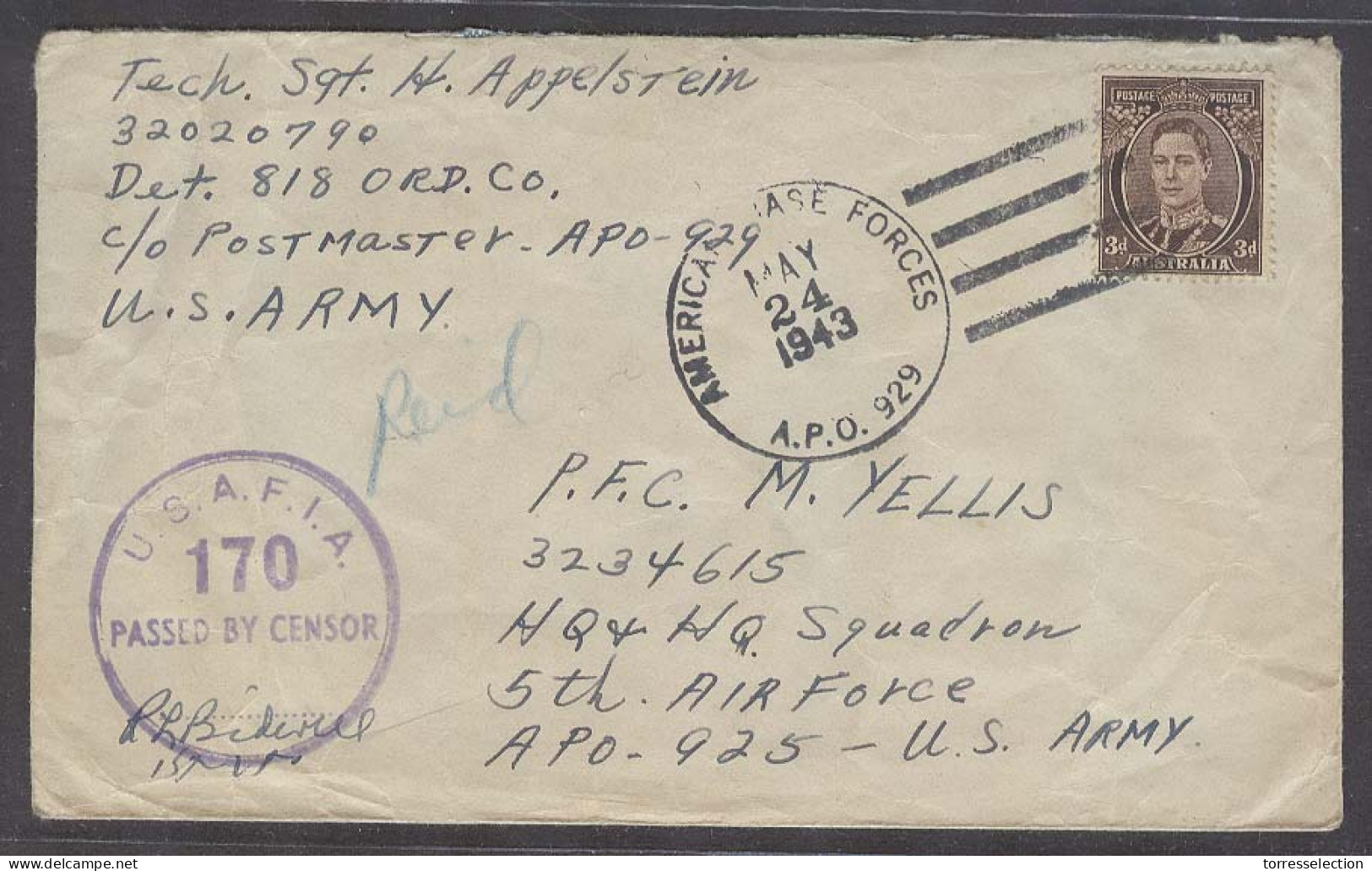 AUSTRALIA. 1943 (24 May). US Forces / Apo 929. Fkd USA FIA Censor Cachet Addressed To APO 925. - Altri & Non Classificati