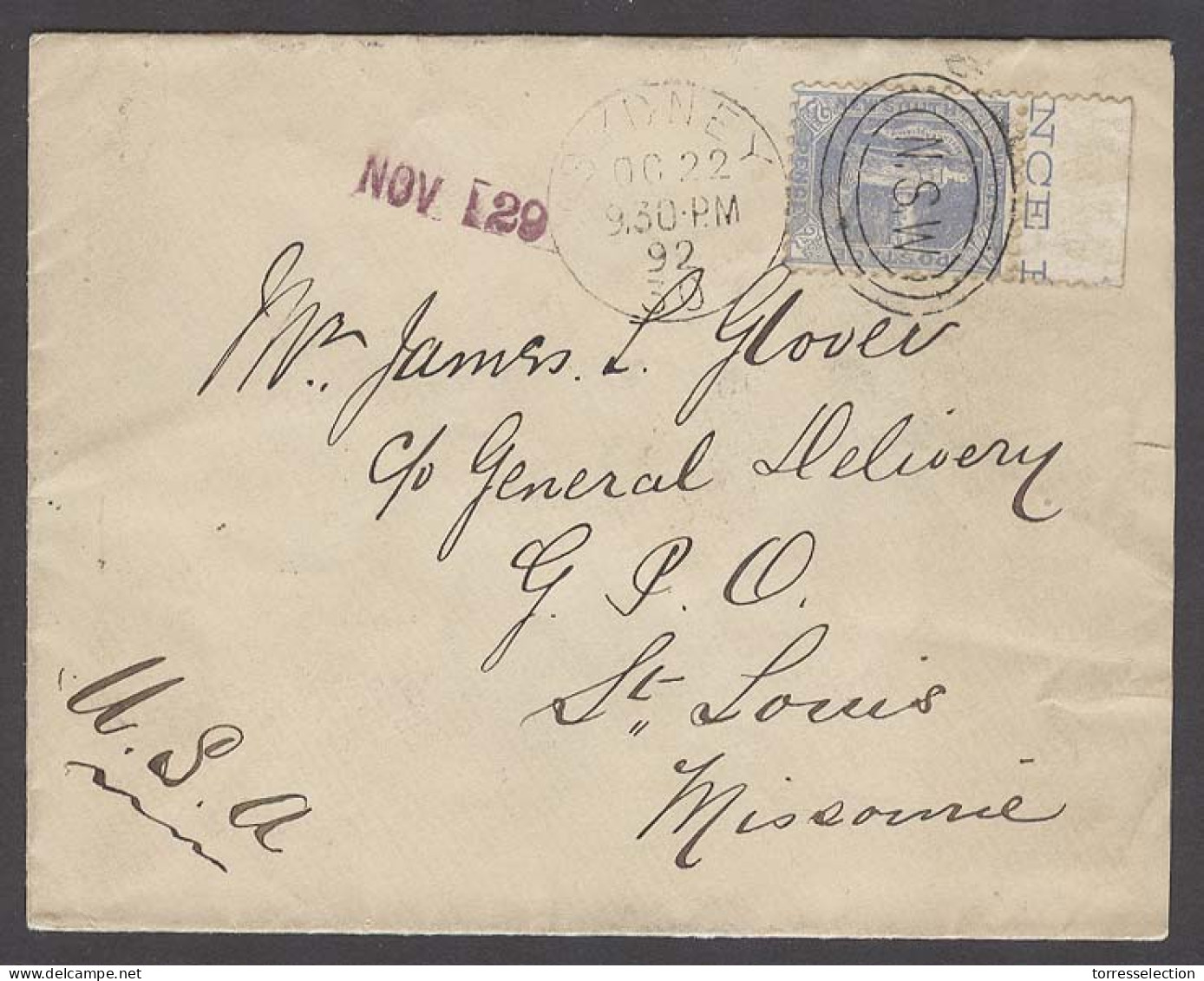 AUSTRALIA. 1892 (22 Oct). NSW. Sydney - USA (29 Nov). Single Fkd Env 2d Stamp With Margin Inscription Border Cancel. VF. - Altri & Non Classificati