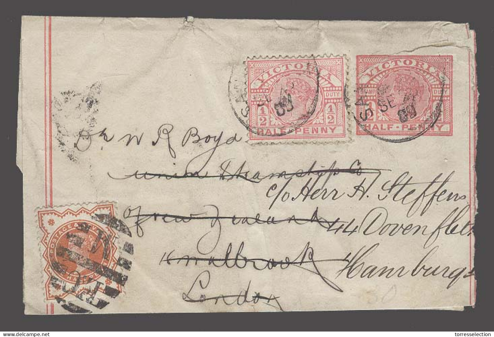 AUSTRALIA. 1900. Victoria State. San To UK, Fwded With New Fkg To Germany 1/2d Orange Red Stat Wrapper 1/2d. Fine Comb. - Altri & Non Classificati