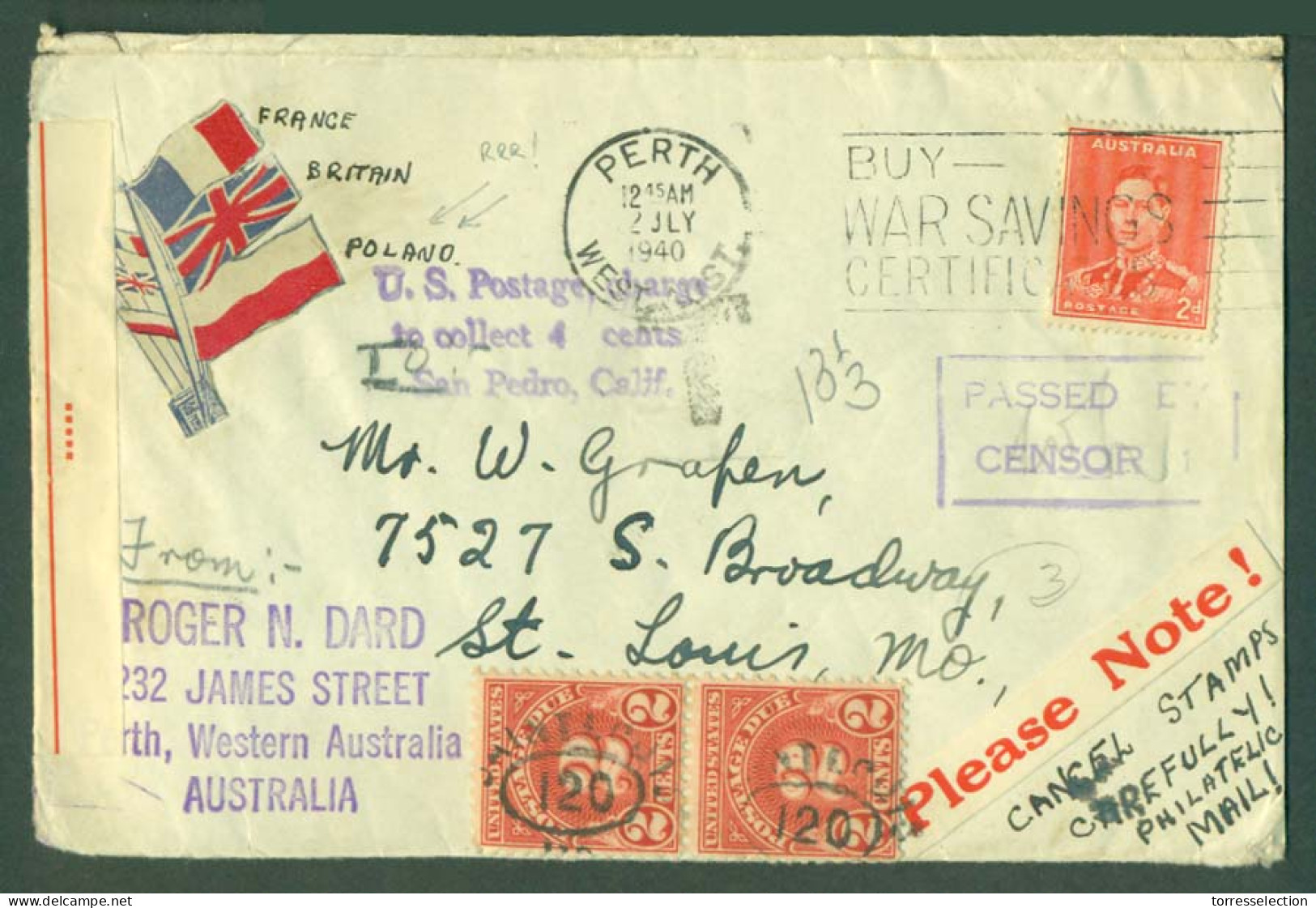 AUSTRALIA. 1940 (2 July). Perth / WA - USA / St Louis. Ilustrated Fkd Env / Slogan Cancel + Taxed + US P Dues 2c (x2) Ti - Altri & Non Classificati