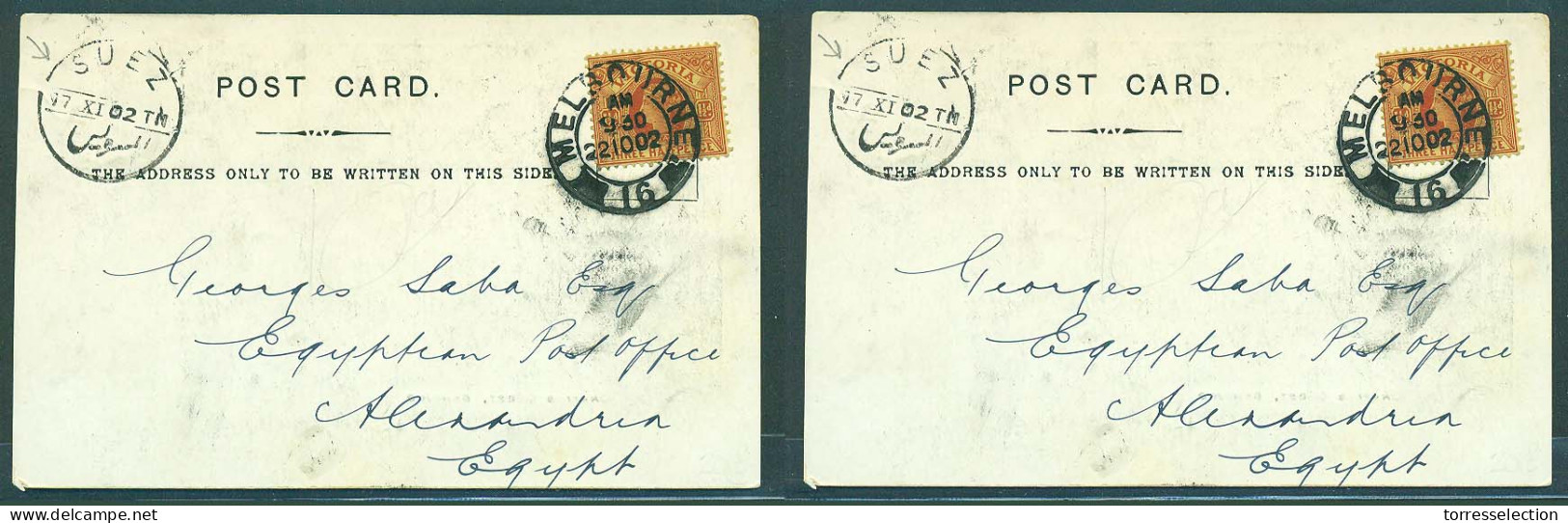 AUSTRALIA. 1902 (22 Oct). Melbourne - Egypt (17 Nov). Fkd Env Card + Arrival. VF Photo Of Charing Cross (Bendigo). - Altri & Non Classificati