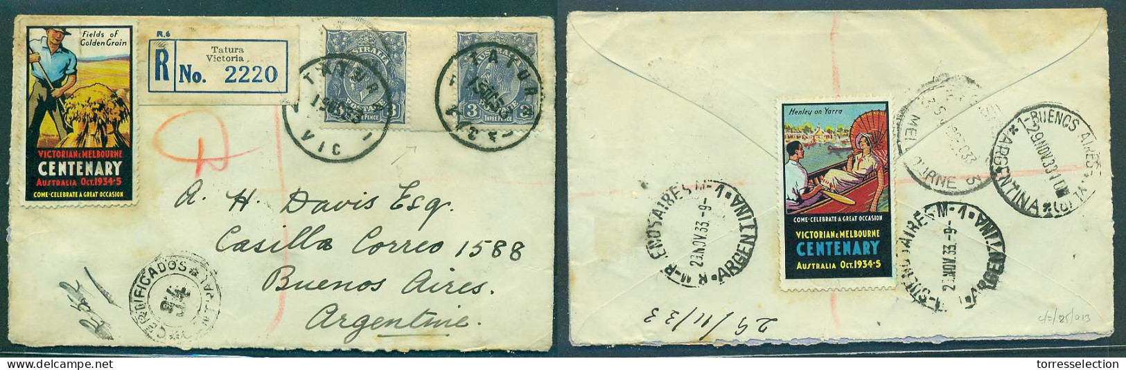 AUSTRALIA. 1933 (19 Oct). Tatura / Victoria - Argentina (29 Nov). Reg Fkd 3d Cobalt Blue INTERPANNEAU Pair / 6d Rate / T - Altri & Non Classificati