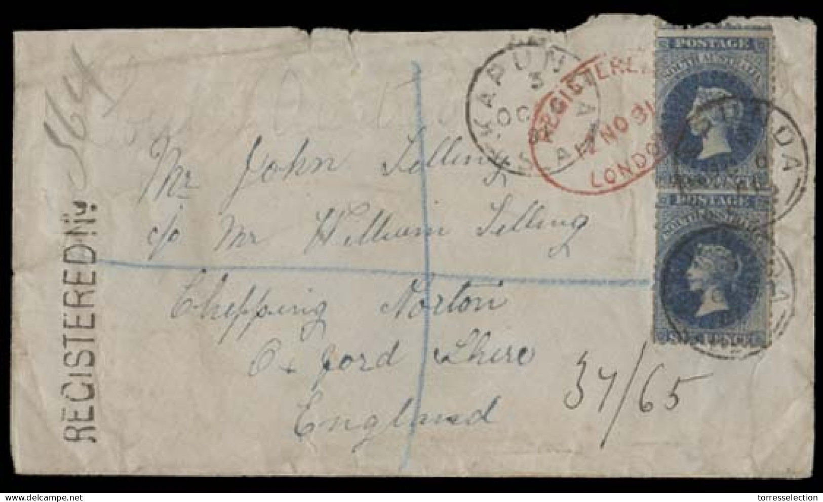 AUSTRALIA. 1881 (6 Oct). South Australia. Kapunda - UK / Oxfordshire / Chipping Norton. Reg Fkd Air 6d Blue Vert Pair /  - Altri & Non Classificati