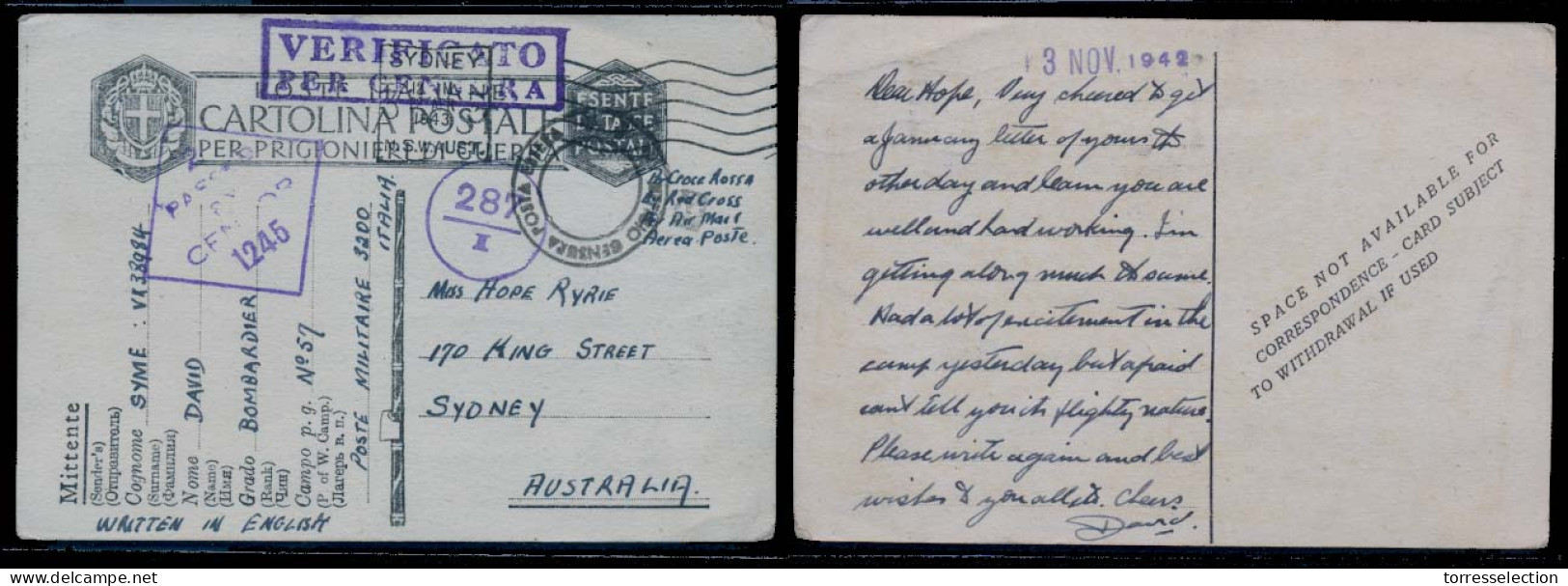 AUSTRALIA. 1942 (3 Nov). POW In Italy. Red Cross Card Used To Sydney. Interesting Text. - Altri & Non Classificati