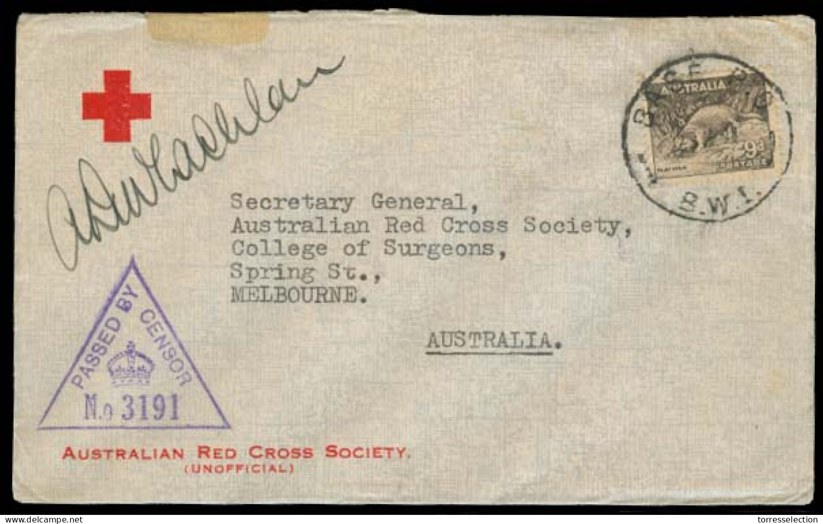 AUSTRALIA. 1941 (23 J). WW II. Australian Forces In Palestina. P.O. / BWI Australia Stamp 9d Cancelled. Red Cross Env +  - Altri & Non Classificati