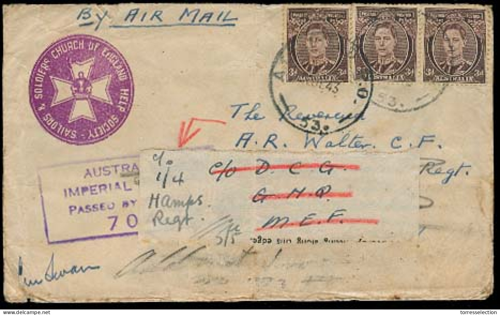 AUSTRALIA. 1943 (30 Dec). WW II. Violet Ilustr Sailors And Soldiers Of England Air Mail Fkd Env Addressed Via APO To Mid - Altri & Non Classificati