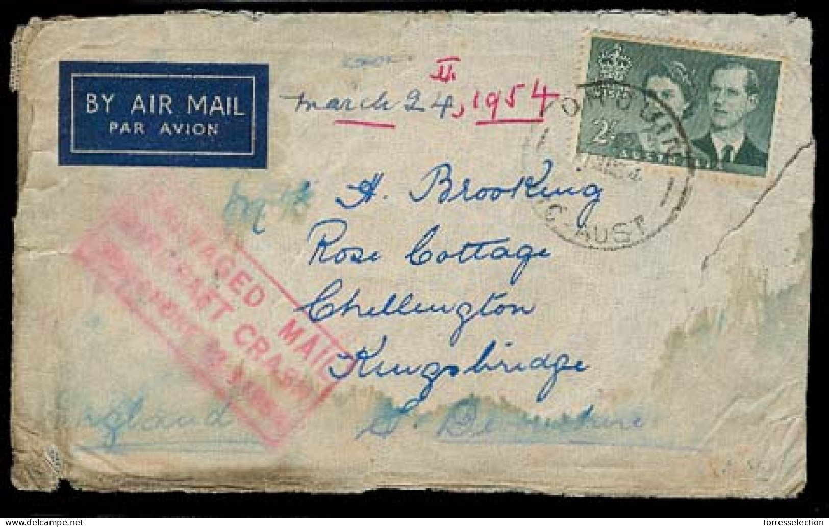 AUSTRALIA. 1954 (1 March). SINGAPORE - CRASH MAIL. Drouin - UK / Devonshire. Air Fkd 2sh Env + Red Cachet "Salvaged Mail - Altri & Non Classificati