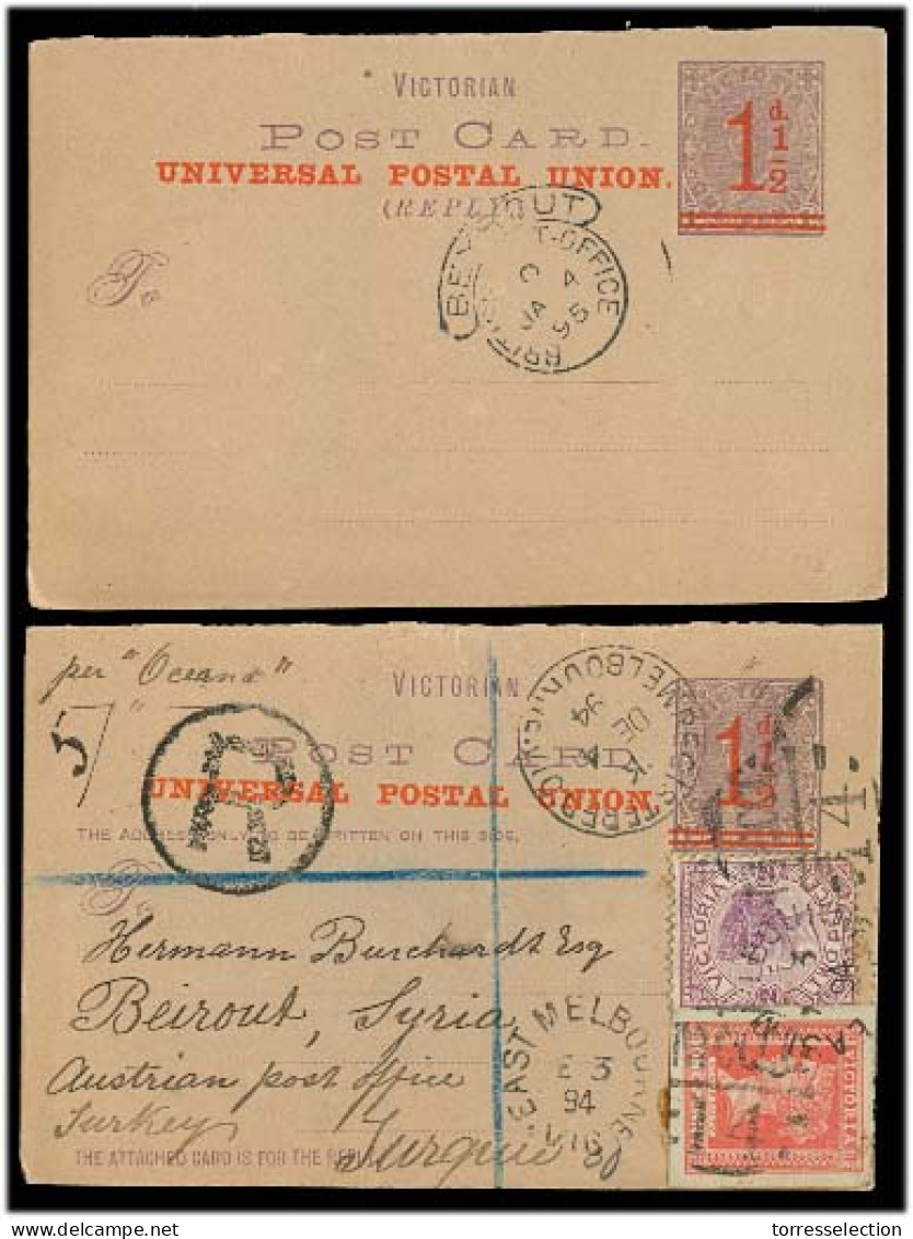 AUSTRALIA. 1894. Victoria. Melbourne - Lebanon / Beyrouth. Reg Doble Ovptd Stat Card + 2 Adtls. Via East M. Endorsed Per - Altri & Non Classificati