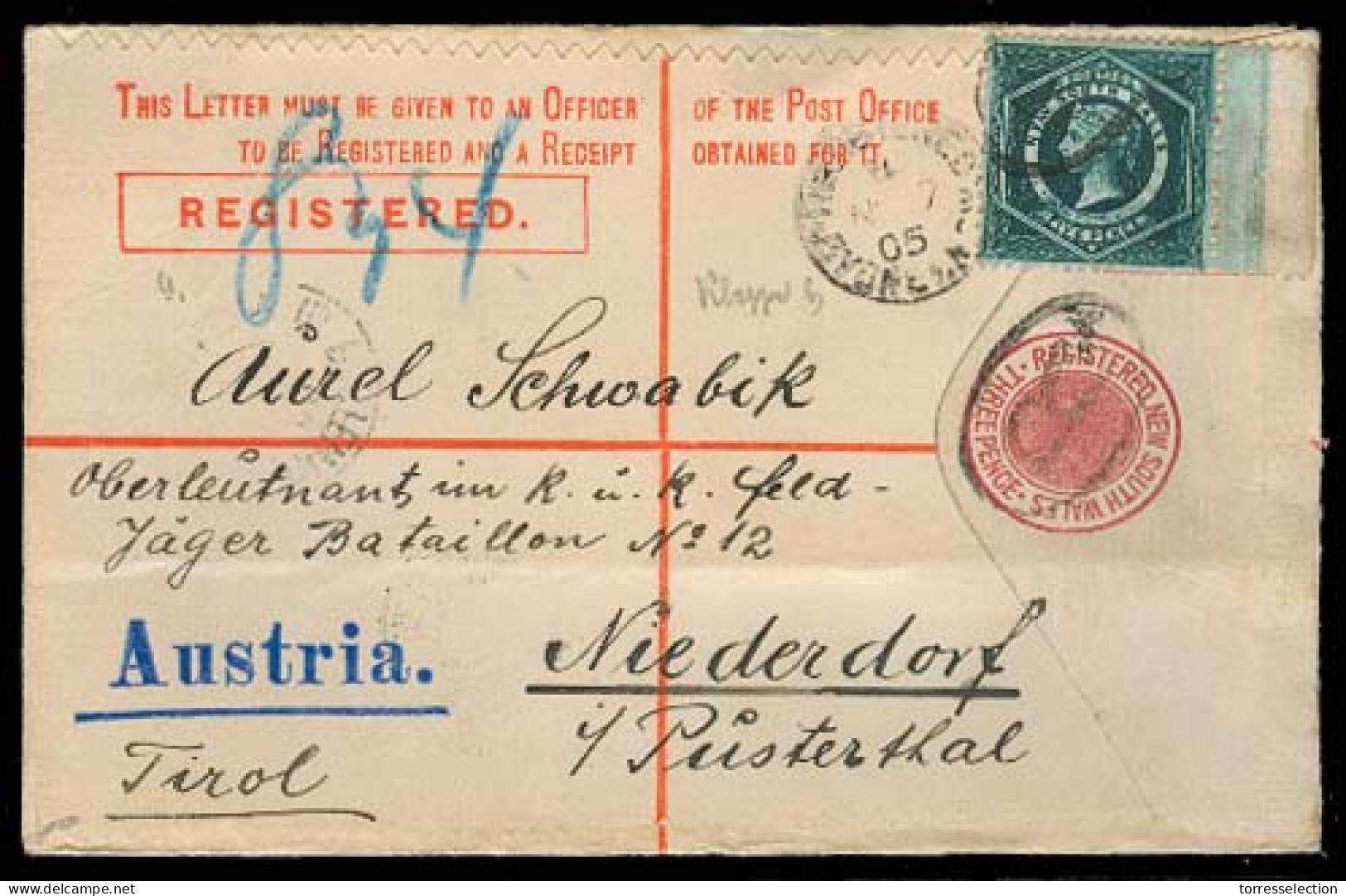 AUSTRALIA. 1905 (7 Nov). NSW. Sydney - Austria. Reg 3d Stat Env + 5d Dark Green Margin Border Adtl / Cds. F-VF. - Altri & Non Classificati