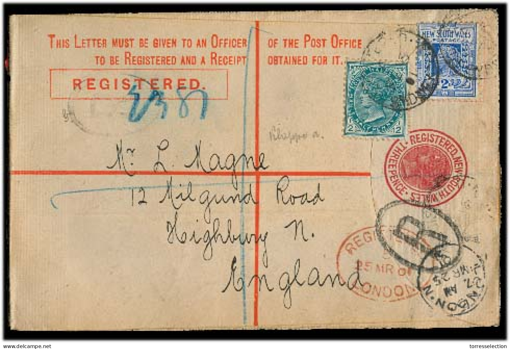 AUSTRALIA. 1901. NSW. Sydney - UK. 3d Red Reg Stat Env + 2d + 1/2d Adtls + Arrival. F-VF. - Altri & Non Classificati