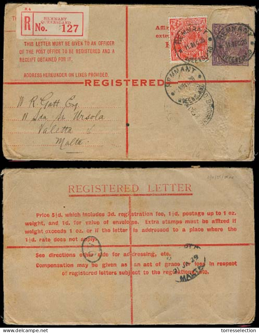 AUSTRALIA. 1928 (11 Dec). Hemmant / Queensland - Malta (21 Jan 29). Reg 4 1/2d Stat Env + Adtl. 1 1/2d With Arrival. Sca - Altri & Non Classificati