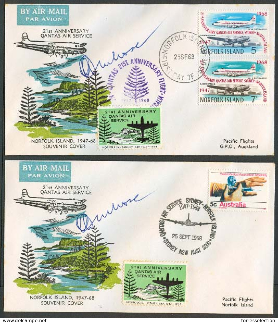 AUSTRALIA. 1968 (25 Sept).NORFOLK ISLANDS. Norfolk - Australia. Doble Flown FDC / 1st Flight + Signed Covers Pair. - Altri & Non Classificati