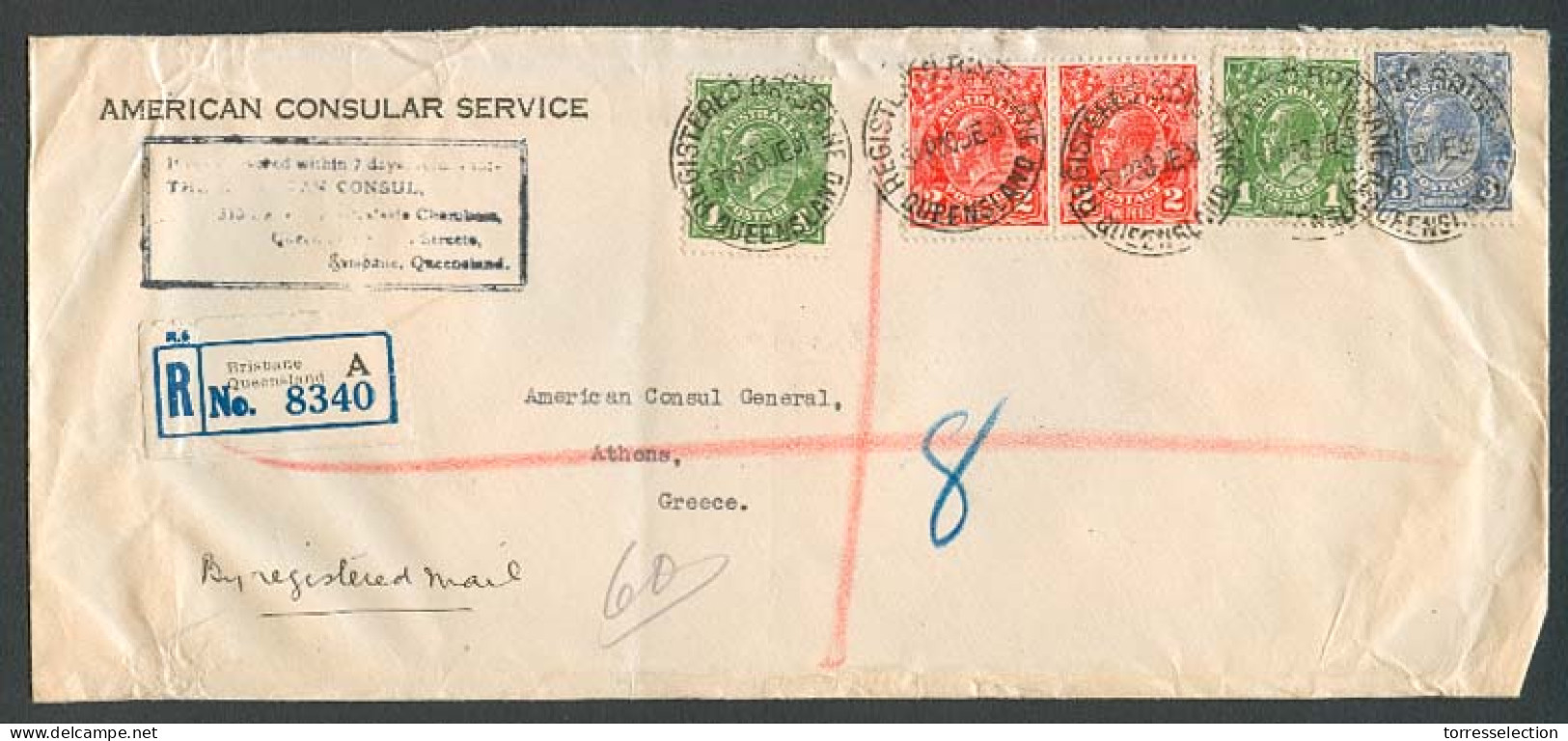 AUSTRALIA. 1930 (5 Sept). US Consular Brisbane. Greece. Reg Multicolor Multifkd Env. 9d Rate. Fine. - Altri & Non Classificati