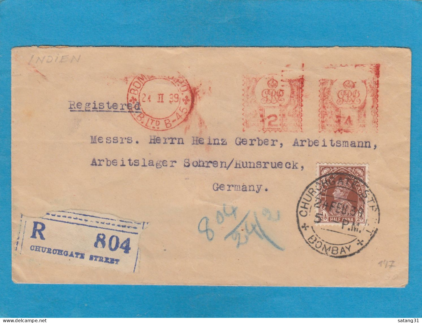 EINGESCHRIEBENER BRIEF AUS BOMBAY MIT FREISTEMPEL UND B.MARKE AN EINEM ARBEITSLAGER IN SOHREN/HÜNSBRÜCK,1939. - 1936-47 Roi Georges VI