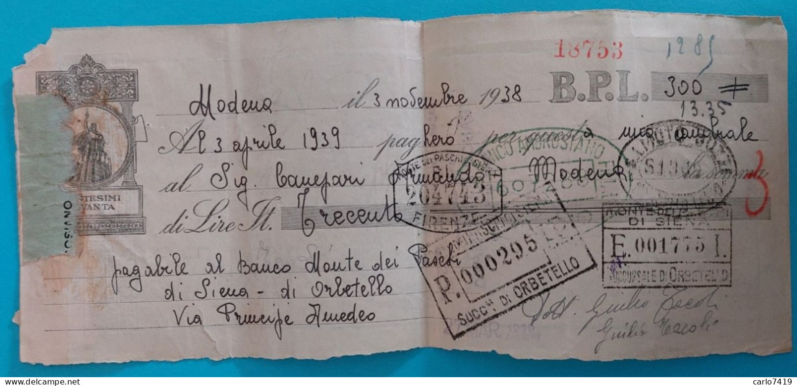 Modena - 1939 - Cambiale £ 300 - Canepari Motocicli Modena - Comm. 0004 - Bills Of Exchange