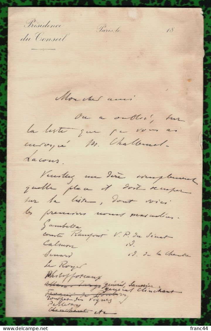 [1880] - Présidence Du Conseil : établissement D'une Liste (Gambetta, Rampon, Etc...) - V. Description - Historical Figures