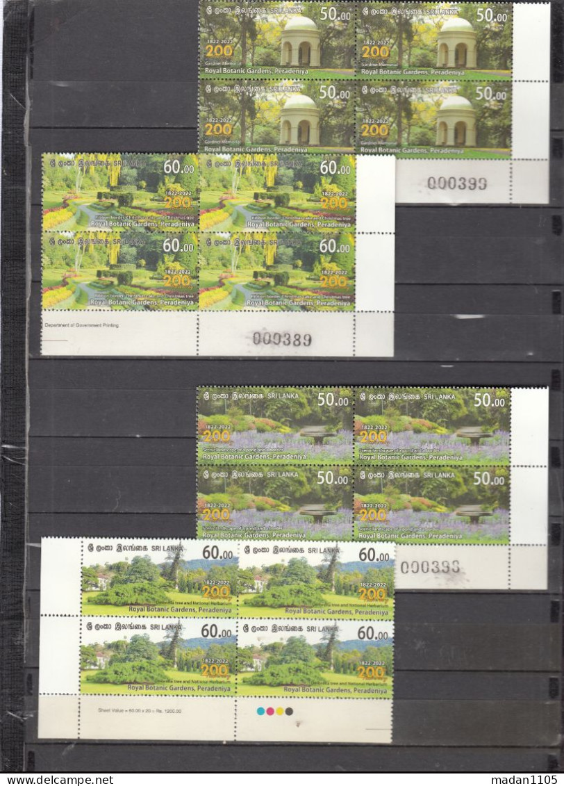 SRI LANKA 2022, ROYAL BOTANICAL GARDENS Set Of 4 Diff Stamps In Blocks Of 4 With TL, Numbered Margins MNH, (**) - Sri Lanka (Ceilán) (1948-...)