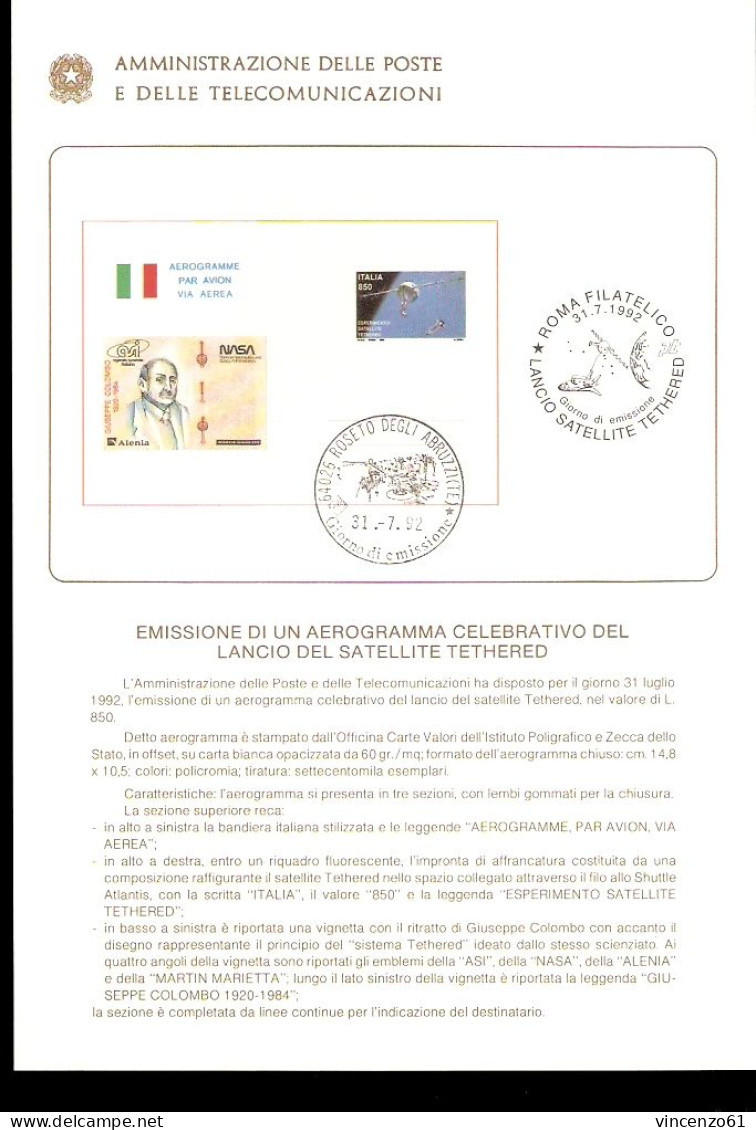 1992 BOLLETTINO INTERO COMMEMORATIVO LANCIO DEL SATELLITE TETHERED - Europe