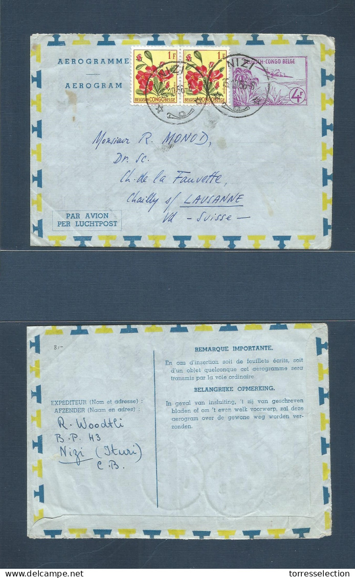 BELGIAN CONGO. 1956 (15 Oct) Nizi - Switzerland, Lansanne. 4f Air Letter Sheet Stationary  + 2 Adtls. VF. Comercial Prop - Other & Unclassified