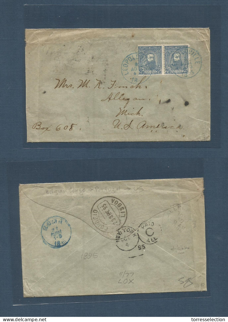 BELGIAN CONGO. 1895 (9 Aug) Leopoldville - USA, Allegan, Michigan. Fkd Envelope. Etat Indep. 25c Deep Blue Pair, Blue Cd - Otros & Sin Clasificación