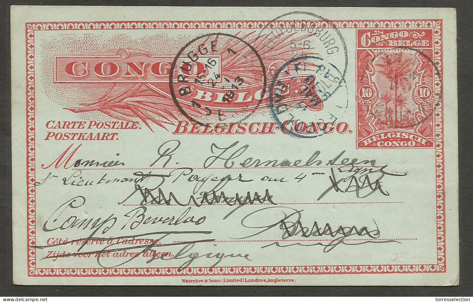 BELGIAN CONGO. 1913 (7 May). Stanleyville -Belgium, Bruges (24-25 June). 10c Red Stat Card. Fine Used. - Other & Unclassified