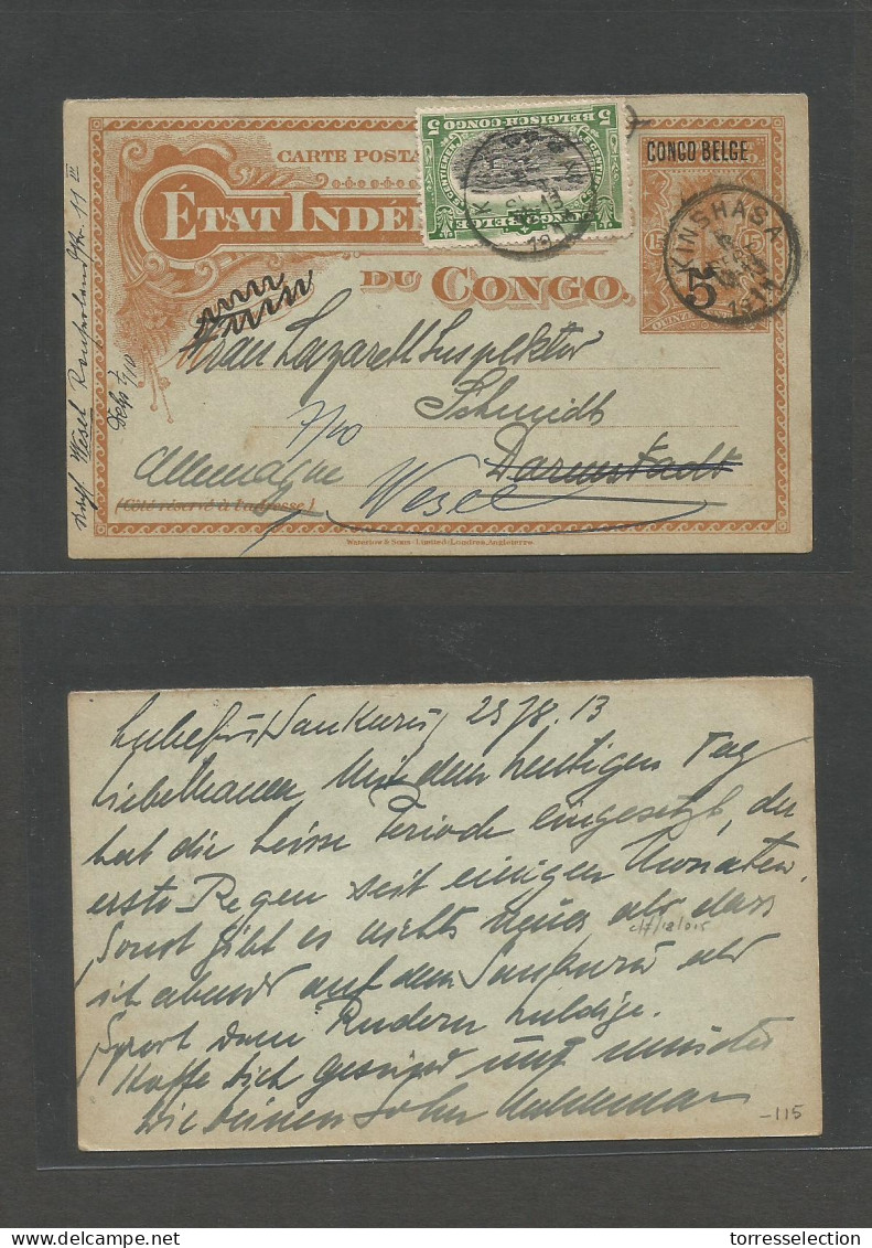 BELGIAN CONGO. 1913 (23 Aug) Luliefurwankurij - Germany, Darmstadt. Via Kinshasa (8 Sept) 5c 15c Brown Ovptd Stationary  - Other & Unclassified