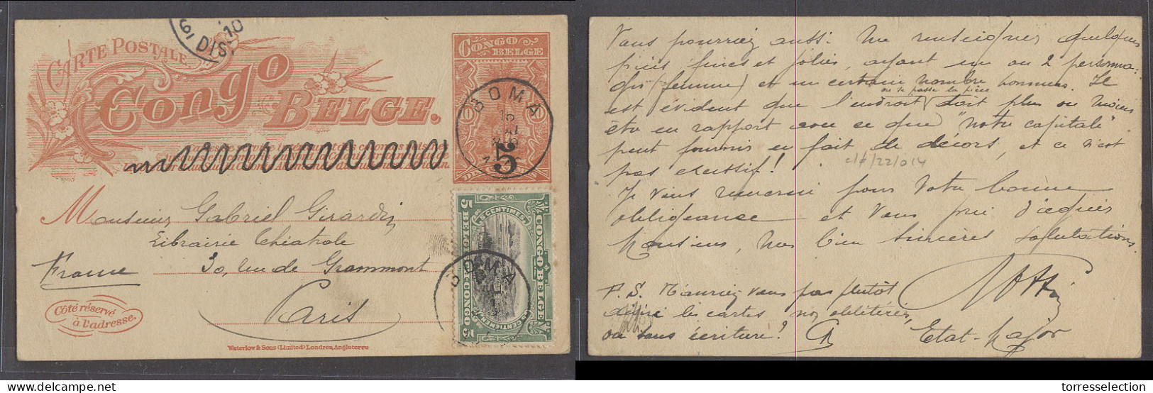 BELGIAN CONGO. 1910 (16 May). Boma - France, Paris. 5c Ovptd Stat Card 5c Adtl Cds. Military Text. - Other & Unclassified