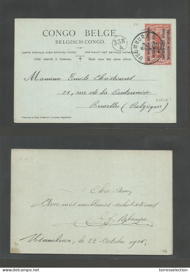 BELGIAN CONGO. 1925 (22 Oct) Usumbura - Belgium. Double 30c. Ovptd Stationary Card. One Way Used. - Other & Unclassified