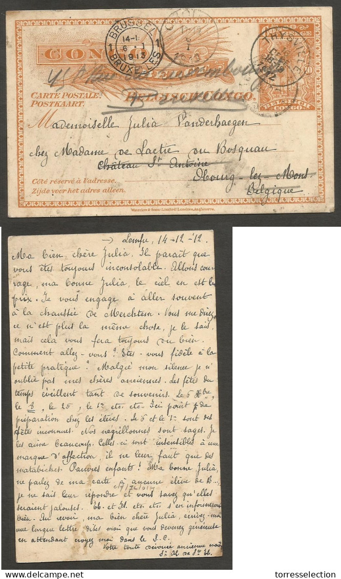 BELGIAN CONGO. 1912 (14 Dec). Lemfu - Thysville (16 Dec). Belgium (14 Jan 1913). 10c Orange Stat Card. Fine Used. Fine T - Otros & Sin Clasificación