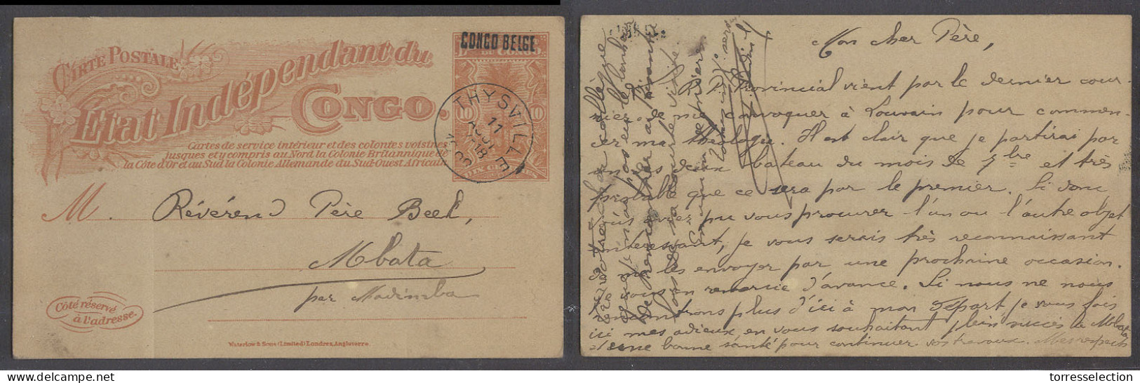 BELGIAN CONGO. 1908 (11 Aug). Missionary Mail. Thysville - Mbata. Via Madimba. Ovptd 10c Red Stat Card. Superb Local Usa - Other & Unclassified