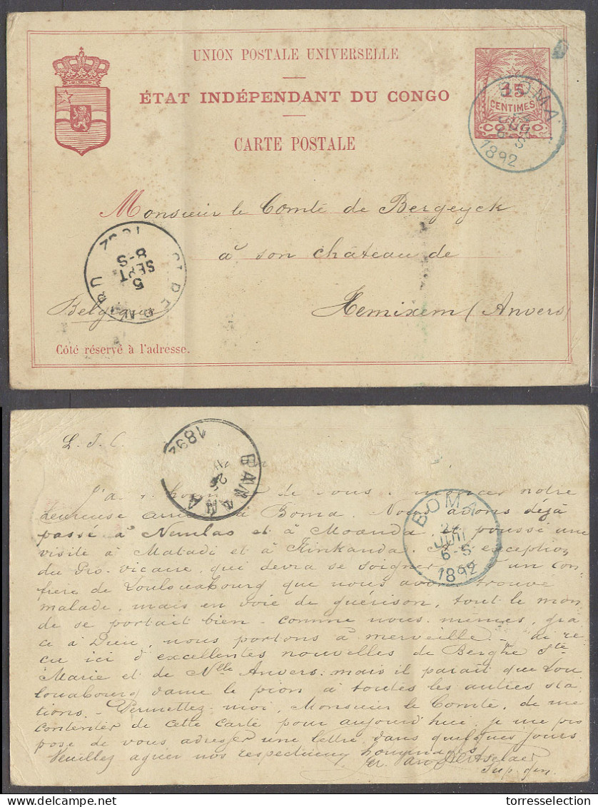 BELGIAN CONGO. 1892 (24 June). Boma - Banana (25 June) - Belgium, Anvrs (5 Sept). 15c Red EIC Stat Card. Fine Text Usage - Other & Unclassified