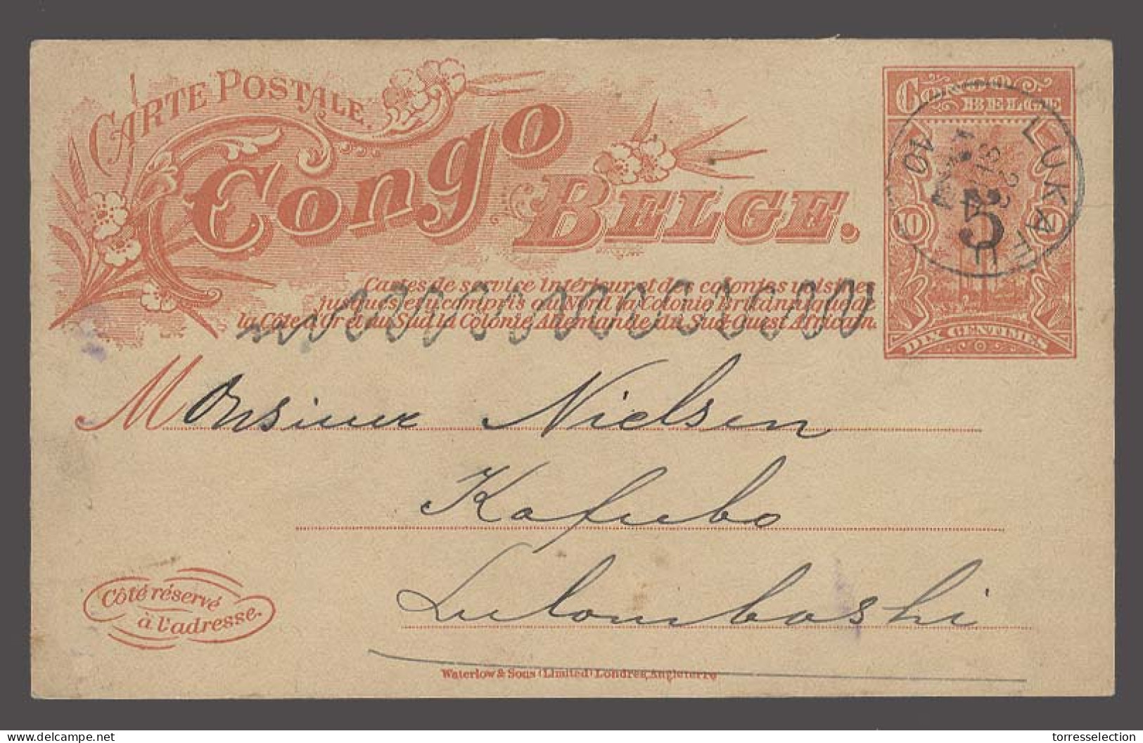 BELGIAN CONGO. 1910 (23 Sept). Lukafu - Kafubo / Lulombashi 10c Red Internal Stat Card.  Fine Used. - Otros & Sin Clasificación