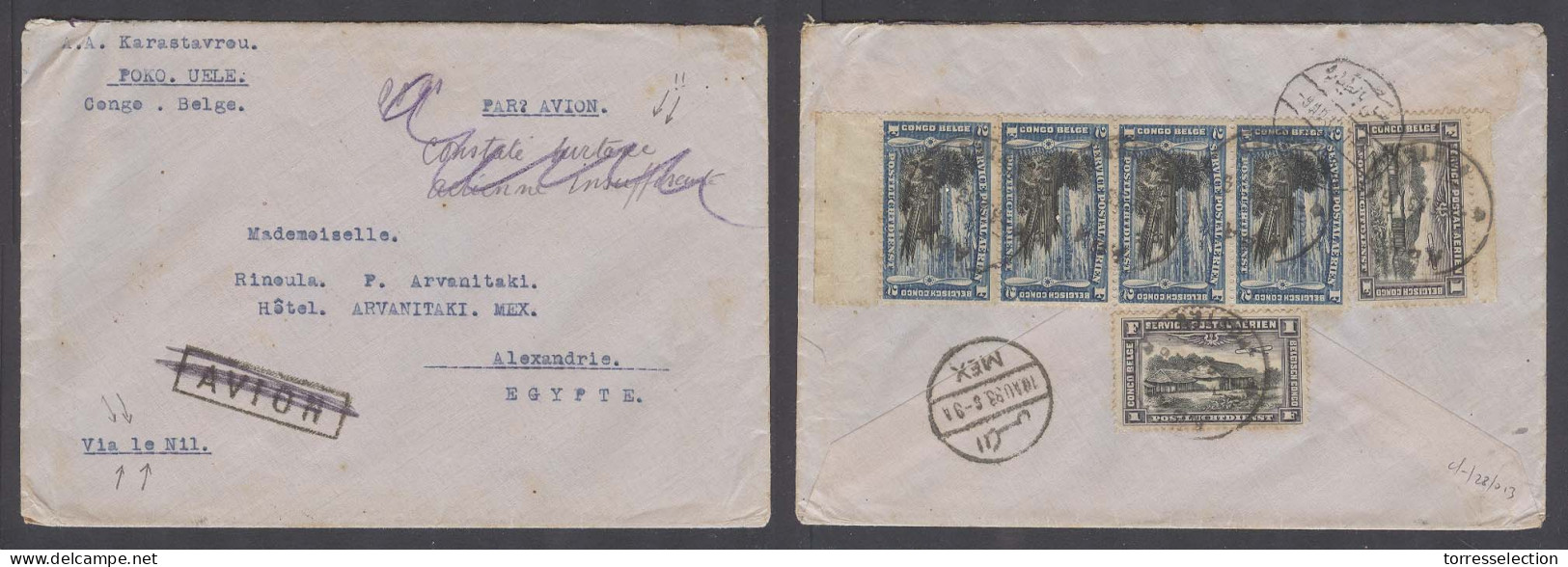 BELGIAN CONGO. 1933 (23 July). Foko / Uele - Egypt / Alexandrie / Mex (10 Aug). Multifkd Reverse Env Intended Airmail +  - Otros & Sin Clasificación