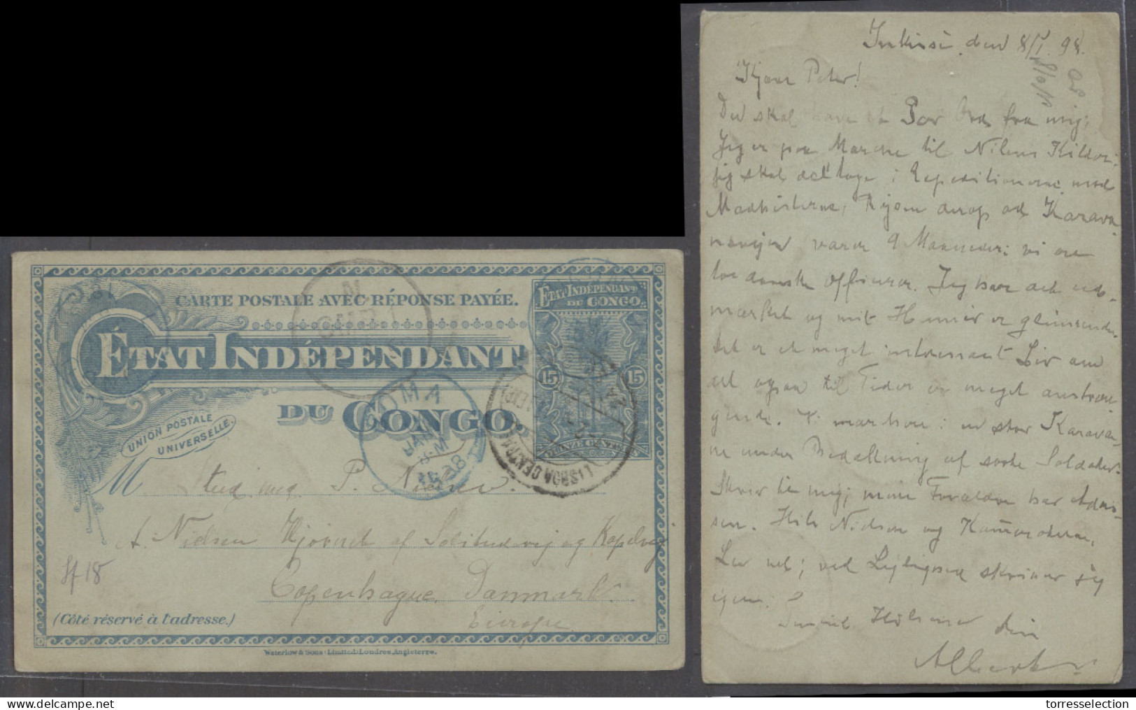 BELGIAN CONGO. 1894 (8 Jan). Inkisi (River Area) - Lukungu (10 Jan - Uganda Area) - Boma - Lisbon - Denmark. 15c Blue St - Other & Unclassified