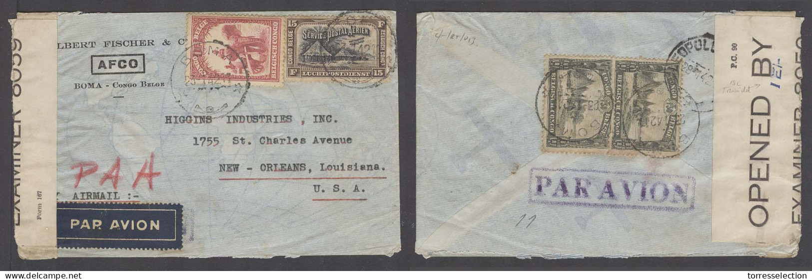 BELGIAN CONGO. 1942 (23 Jan). Boma - USA / New Orleans. Via Leopoldville. Airmial Multifkd Env + British Censor At Trini - Otros & Sin Clasificación