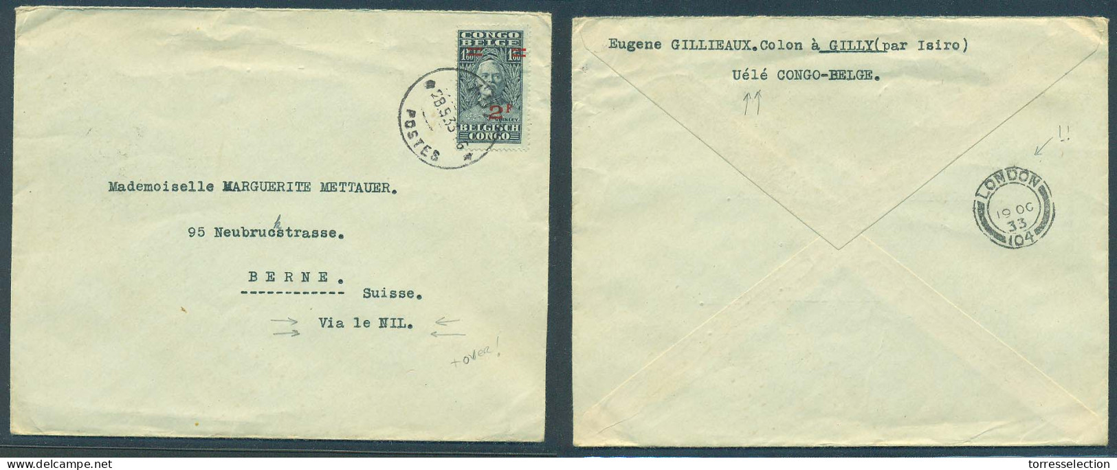 BELGIAN CONGO. 1933 (28 Sept). Uele / Nbele - Switzerland. 2fr Single Stamp Env Routed Via Le Nile River And Superb Lond - Other & Unclassified