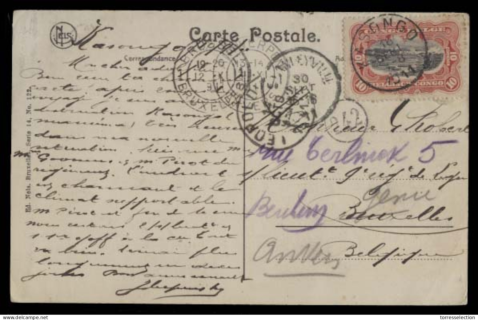 BELGIAN CONGO. 1911. Kasongo - Belgium. Fkd Card.  Transited. Fine. - Otros & Sin Clasificación