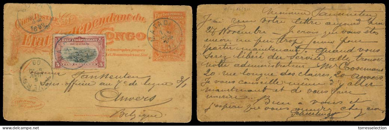 BELGIAN CONGO. 1899 (7 Dec). Matadi - Boma - Belgium Anvers (5 Jan) 10c Orange Stat Card + Adtl. 5c Etat Independant. - Other & Unclassified