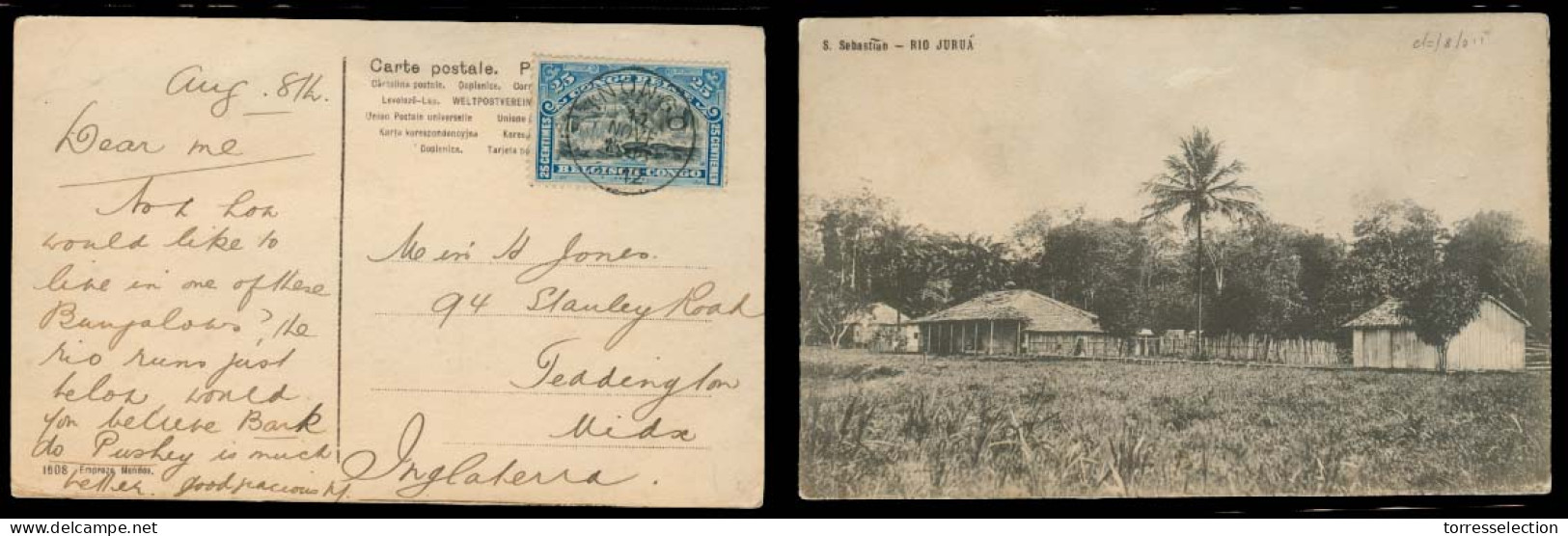 BELGIAN CONGO. 1912 (12 Nov). Inongo - UK. Fkd View Cds. Rio Jurua. - Otros & Sin Clasificación