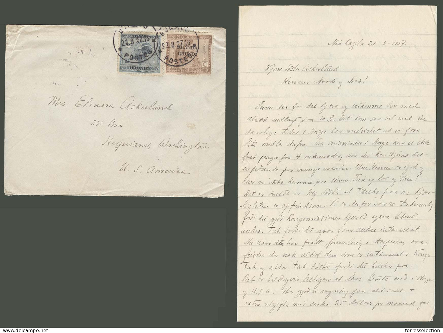 BELGIAN CONGO. 1927 (22 Aug). Ruanda. Nia Kagiba - Usumbura - Usa / Hoquiam. Fkd Ovptd Issue Censored Full Contains Of D - Other & Unclassified