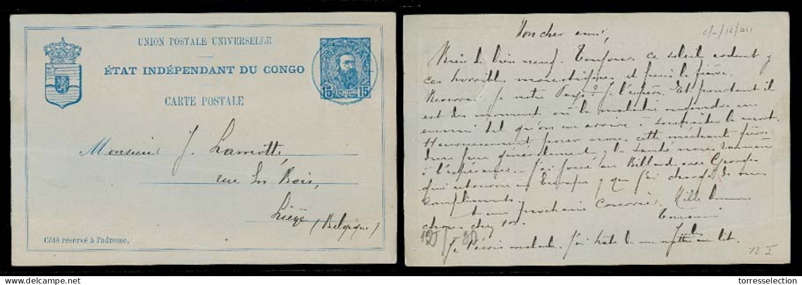 BELGIAN CONGO. 1895 (5 Jan). Matadi - Liege / Belgium. 15c Blue Stat Card. Private Full Message. VF. - Otros & Sin Clasificación