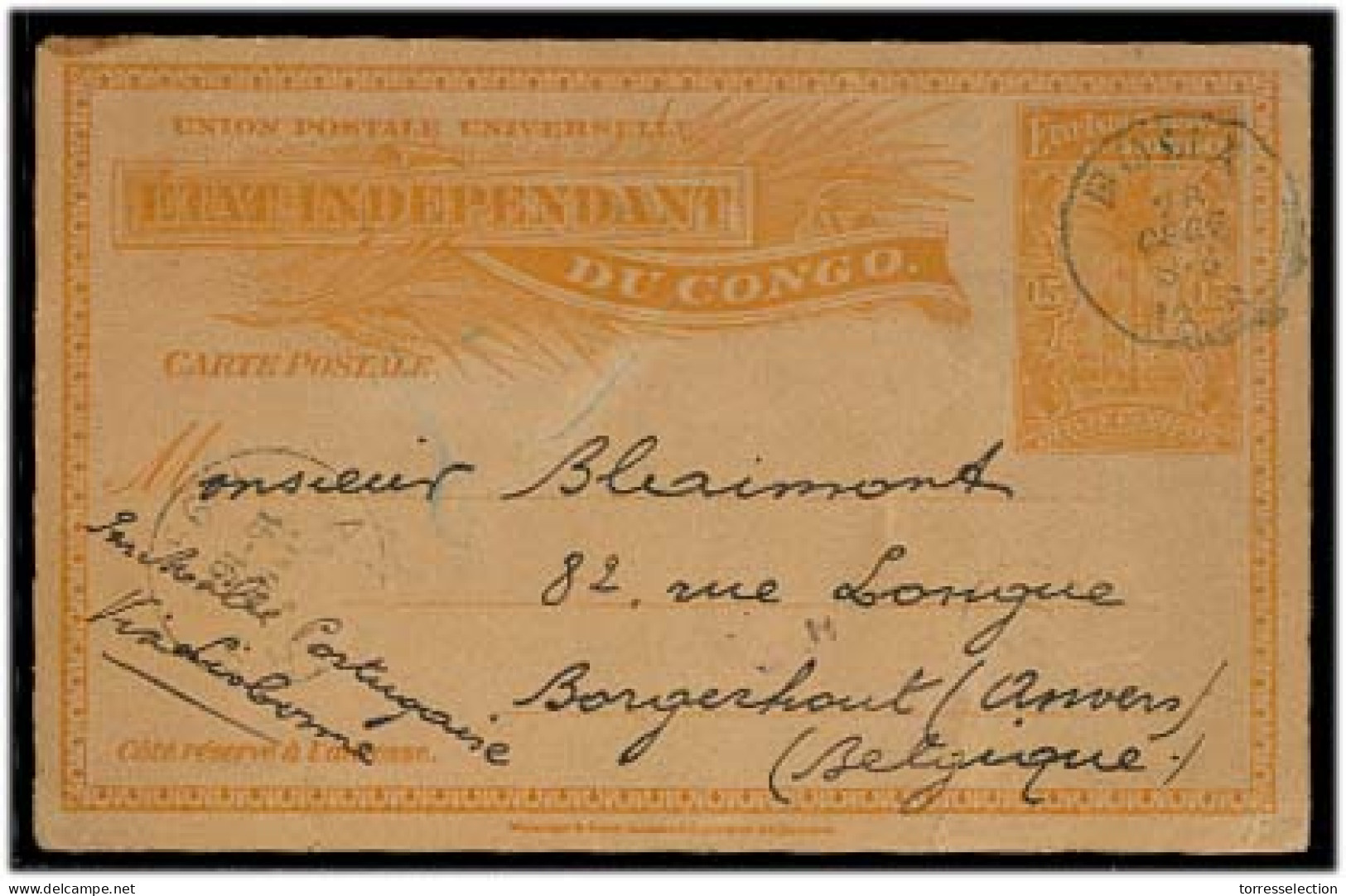 BELGIAN CONGO. 1898 (29 Dec). Boma - Belgium. 15c Stat Card Dine Used With Full Message. Endorsed Per Mala Portugaise. V - Otros & Sin Clasificación